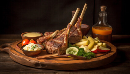 Wall Mural - Grilled pork steak on rustic wooden table, ready to eat freshness generated by AI