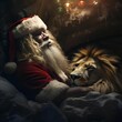 AI generated illustration of Santa Claus seen in a cozy bedroom, cradling a lion cub in his arms