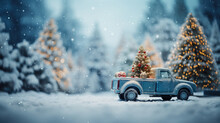 Blue Retro Pickup Truck Carrying A Christmas Tree With Space For Text