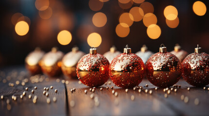 Wall Mural - Christmas toys red gold on blurred bokeh lights background banner with space for text