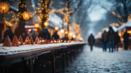 Wall Mural - People walk through the Christmas market in the evening. Golden bokeh with space for text