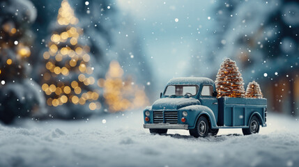 Wall Mural - Blue retro pickup truck carrying a Christmas tree with space for text