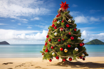 Wall Mural - A decorated christmas tree on a tropical beach. Seasonal festive winter travel vacation