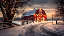 A Snowy Scene With A Red Barn And Christmas Lights, Christmas Picture, Holiday Celebration, Template, Banner, Concept, Aspect Ratio 16:9