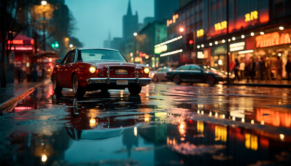 Canvas Print - City life at night, traffic blurs, reflecting on wet streets generated by AI