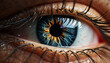 Close up of a human eye, looking at camera, vibrant green iris generated by AI
