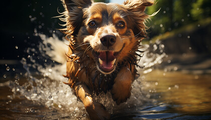 Sticker - Cute puppy playing in the wet outdoors generated by AI