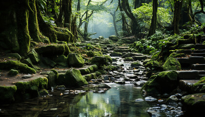 Sticker - Tranquil scene of a green forest in autumn generated by AI