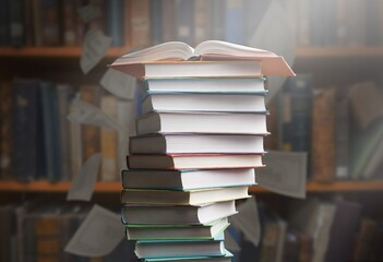 Wall Mural - Stack of reading books and flying pages in the library.