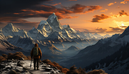 Wall Mural - One person hiking mountain peak, exploring majestic beauty in nature generated by AI