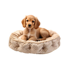 Cute dog sitting on pet bed isolated on a transparent  and white background