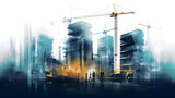 Fototapeta  - Illustration digital building construction engineering with double exposure graphic design. Building engineers, architect people, or construction workers working.