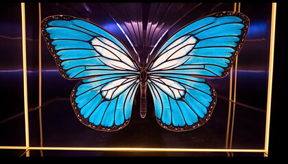 Poster - Majestic butterfly wing, glowing with vibrant colors and symmetry generated by AI