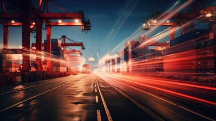 Night long exposure view of a logistics cargo port capturing the movement and light trails of cranes loading and unloading cargo from ships