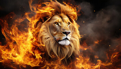 Wall Mural - a lion with a tie on its neck in front of a fire background with flames and smoke coming out of its mouth 