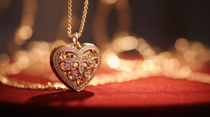 Sticker - Golden heart necklace on red background, AI