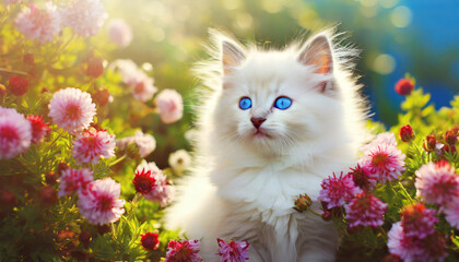 Wall Mural - cute white fluffy kitten of the turkish angora or ragdoll breed cat with beautiful blue eyes in sunny day background with pet and flowers spring concept