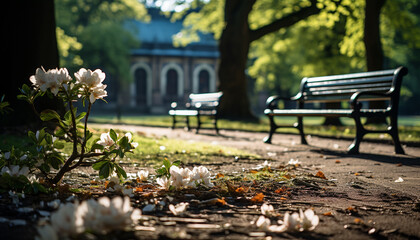 Poster - Tranquil scene, bench under autumn tree in meadow generated by AI