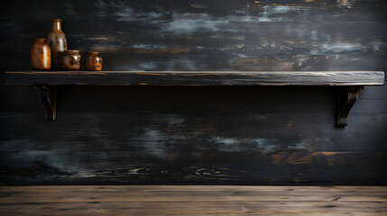 Wall Mural - Empty black wooden shelf on dark background. 
