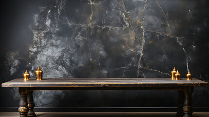 Wall Mural - Empty table marble black countertop on black wall background.
