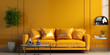 Leder Couch gelb im modernen Retro Stil in ausgefallener schicker designer Form Querformat für Banner, ai generativ