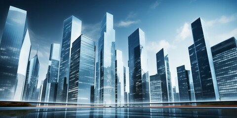 Modern skyscrapers of a smart city, futuristic financial district, graphic perspective of buildings and reflections - Architectural blue background for corporate and business brochure template