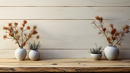 Wall Mural - Empty wooden white table over white wall background, product display montage. 
