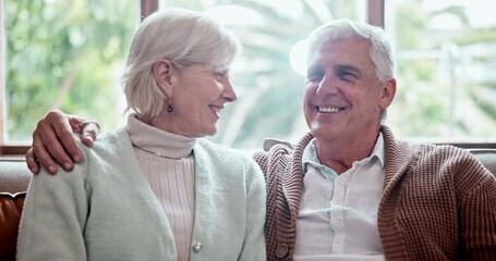 Poster - Hug, home and old couple on a couch, love and retirement with romance, relationship and happiness. Apartment, elderly man and senior woman on a sofa, embrace and romantic with marriage and bonding