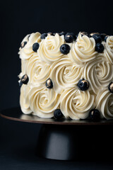 Wall Mural - Beautiful cake with white whipped cream cheese curls decorated with blueberries on the black background. Buttercream swirls on the birthday cake
