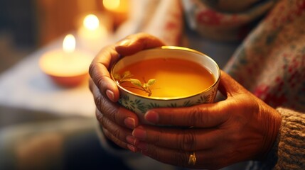 Wall Mural - A woman holding a cup of tea with candles, AI