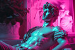 Ancient statue of David in a sexy reclining pose. Vaporwave style and neon lighting.