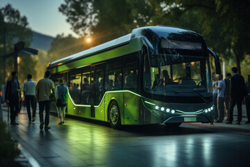 Poster - A group of passengers boarding a modern, low-emission city bus, representing the Concept of eco-friendly public transportation. Generative Ai.