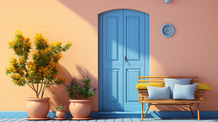 Wall Mural - House yard in yellow and blue colors