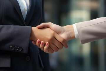 Wall Mural - A close-up of a businesswoman's handshake with a foreign partner, symbolizing the Concept of international trade agreements. Generative Ai.