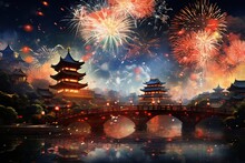 Temples, Bridges And Typical Chinese Architecture With Fireworks In The Sky On New Year's Eve