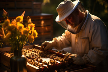 Sticker - A farmer inspecting a beehive and collecting fresh honey. Concept of natural sweeteners and beekeeping. Generative Ai.