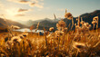 Sunset over meadow, wildflowers bloom in nature generated by AI