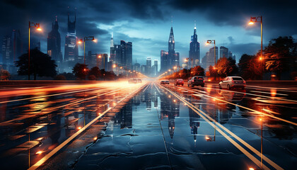 Canvas Print - Nighttime cityscape with blurred motion, illuminated skyscrapers, and bustling traffic generated by AI