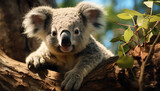 Fototapeta Tęcza - Cute koala sitting on eucalyptus tree branch generated by AI