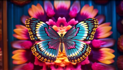 Poster - Vibrant butterfly wing in multi colored tropical blossom collection generated by AI