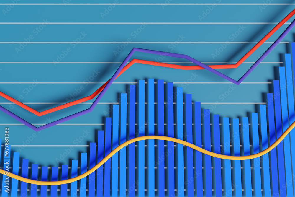 3D bar chart and line graphs on a blue background with horizontal white ...
