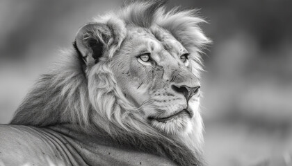 Wall Mural - Majestic lion, king of the savannah, staring into camera generated by AI