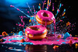 donuts with glaze and splashes of sauce or cream on a dark background, delicious and sweet food