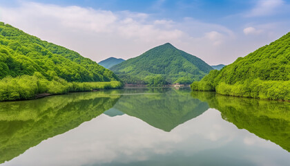 Wall Mural - Idyllic mountain meadow reflects tranquil blue sky at sunset generated by AI