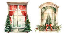 Christmas Window Watercolor Clipart Illustration With Isolated Background.