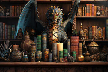 Poster - A dragon-themed bookshelf with books on mythical creatures. Concept of reading and fantasy literature. Generative Ai.