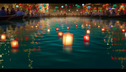 Canvas Print - Romantic candlelight illuminates famous festival, glowing with vibrant colors generated by AI