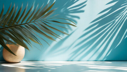 Wall Mural - blurred shadow from palm leaves on the blue wall minimal abstract background for product presentation spring and summer