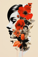 Collage Artwork Of A Beautiful Female Face, Surrounded By Flowers And Floral Elements.
