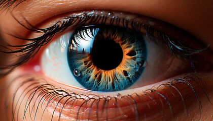 A close up of a woman blue eye, staring into the camera generated by AI